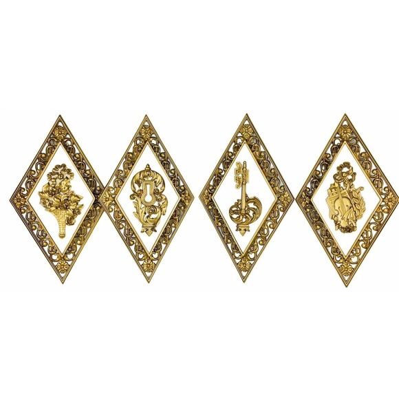 Vintage 70s Hollywood Regency MCM Syroco Diamond Gold Wall Plaques Hanging - Picture 1 of 7